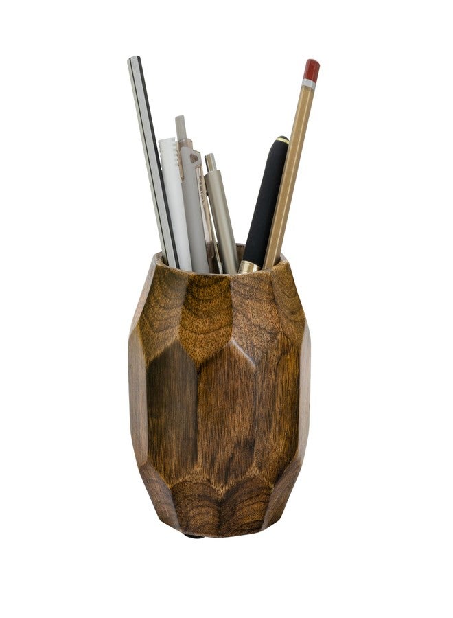 Mie Creations Geometric Wooden Pencil Holder for Desk Table | Wood Pen Cup Stand for Office, Cute Desktop Organizer for Makeup Brushes, Stationery Decor | Rustic Christmas Holiday Gifts- Brown 4'' - Image 1